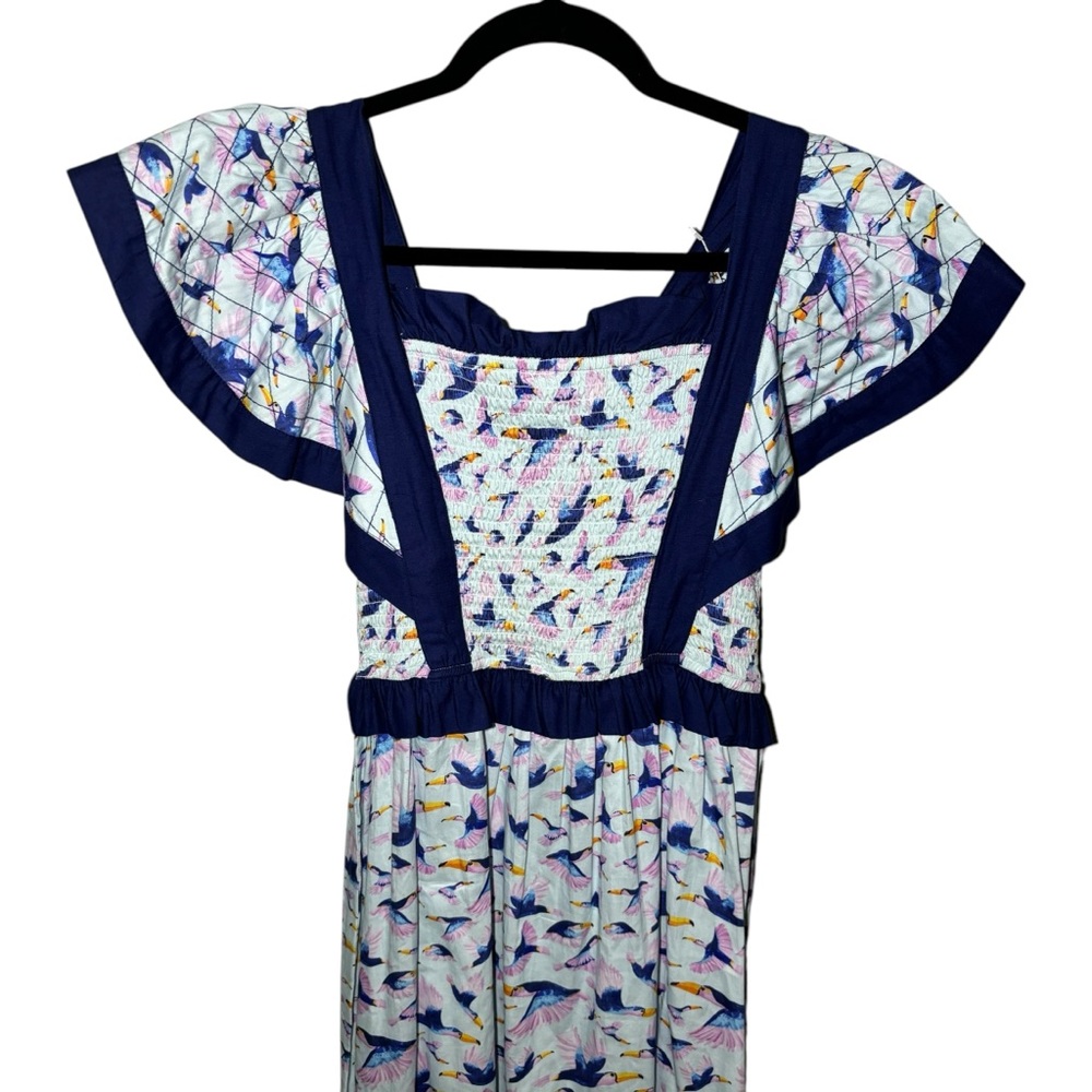 Briton Court Toucan Maxi Dress‎ Flutter Sleeve Smocked Cotton NWT Small